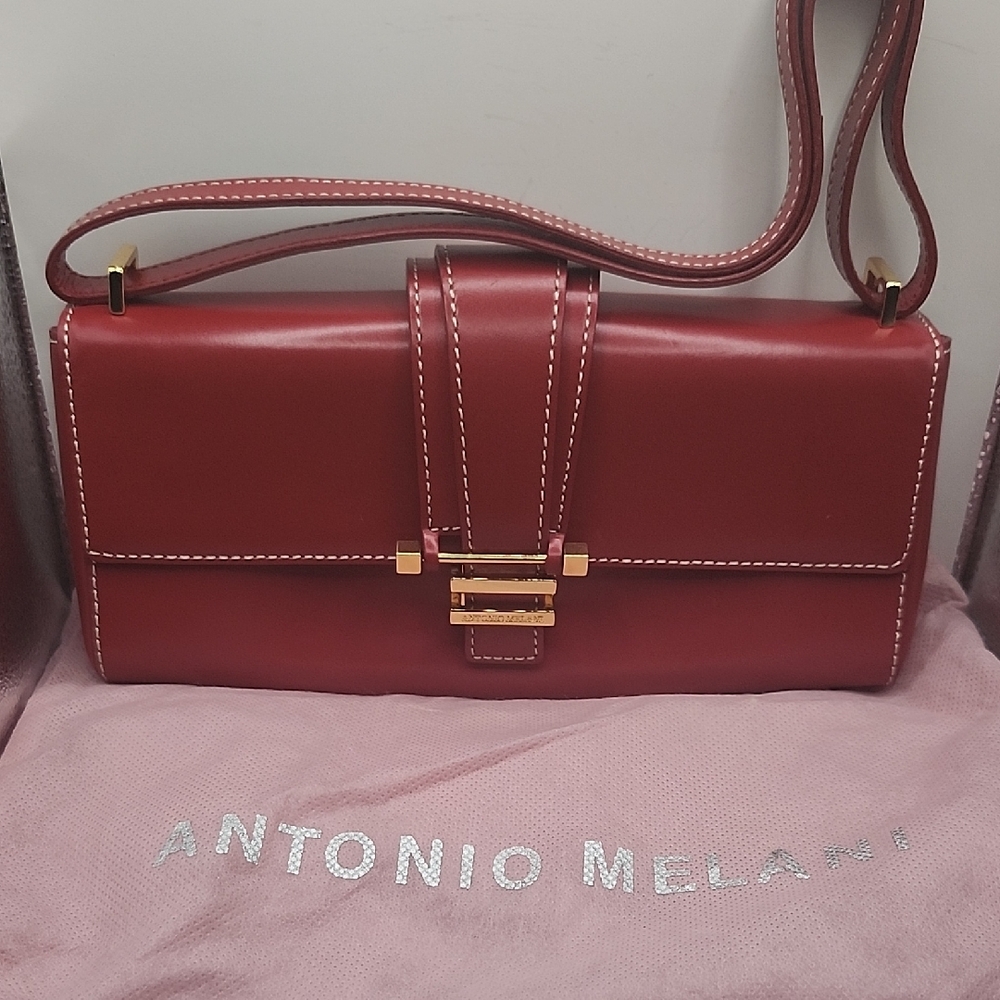 ANTONIO MELANI Red Leather Crossbody Clutch with Gold Hardware
